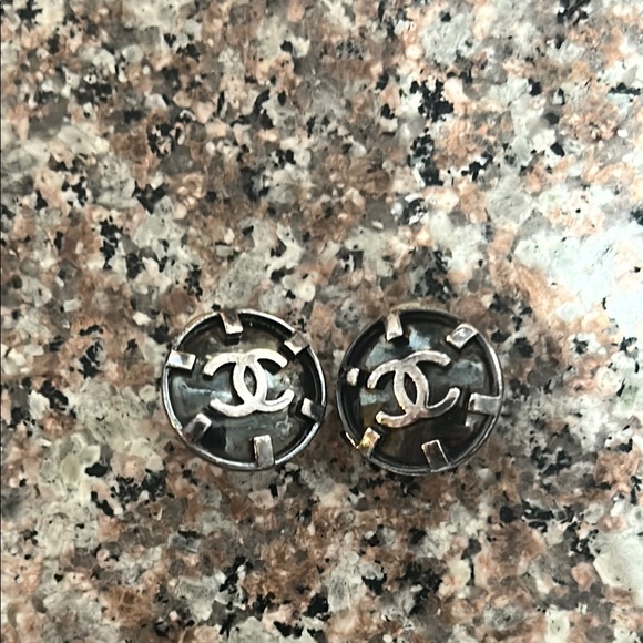 CHANEL Black and Silver Logo Stud Earrings - Picture 1 of 4